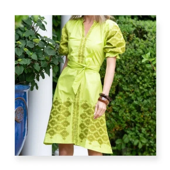 Julia Amory 𖤗 Coatue Mademoiselle Short Sleeve Embroidery Dress 𖤗 Chartreuse 𖤗 M - Picture 2 of 16